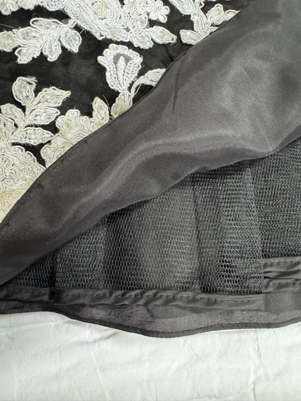 JOVANI Black Satin Strapless A‑Line Gown—White Lace & Beaded Floral Appliqué — 6 - Picture 5 of 9